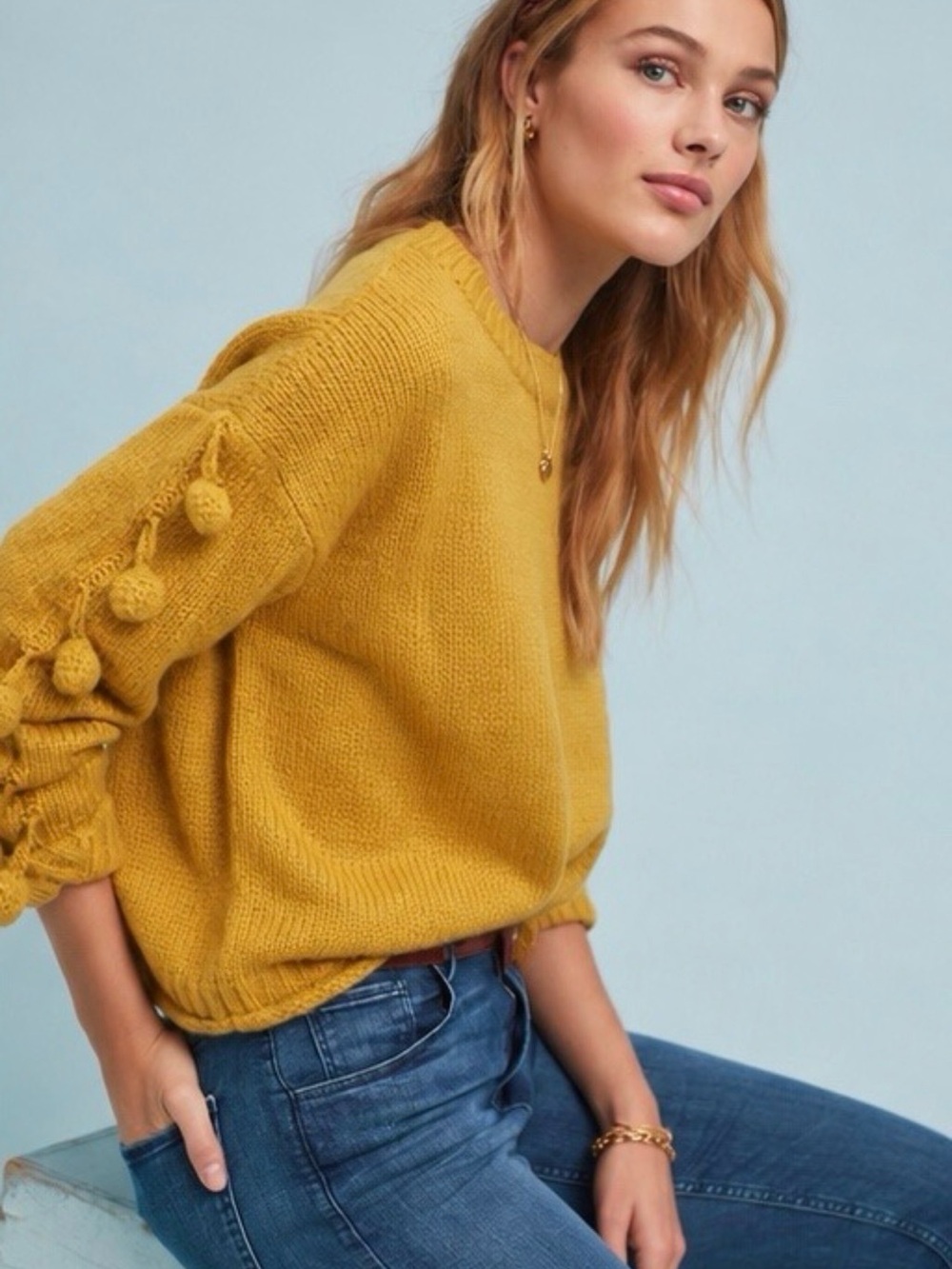Anthropologie pommed sleeve sweater in mustard yellow, size XS/S